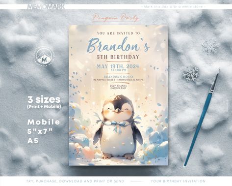 Penguin Party, Kids Birthday Invitation Template - Corjl Editable Invitation, Happy Penguin in snow - Instant Download for print and mobile Penguin Birthday Theme, Penguin Bday Party, Penguin Template, Penguin Invitations Birthday, Penguin Themed Birthday Party, Happy Birthday Penguin, Penguin Birthday Illustration, Kids Birthday Invitation Template, Watercolor Penguin