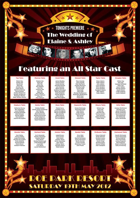 cinema movies theme wedding table plan Cinema Themed Wedding, Wedding Table Plans, Wedding Table Themes, Festival Themed Wedding, Seating Plans, Table Markers, Prom 2022, Cinema Wedding, Hollywood Theme