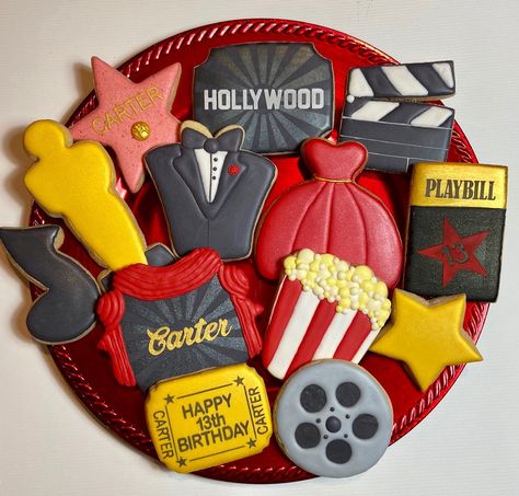 Red Carpet Cookies, Movie Party Cookies, Movie Theater Cookies, Prom Dress Cookies Decorated, Hollywood Cookies Decorated, Popcorn Royal Icing Cookies, Hollywood Theme Cookies, Movie Cookies Decorated, Theater Cookies Decorated