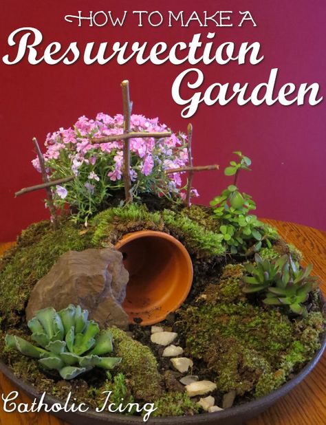 Step by step directions with pictures on how to make a Resurrection Garden. This version is fast, easy, cheap, and looks nice right away- no waiting for grass to sprout! Christ Centered Easter Decorations, Resurrection Garden, Catholic Icing, Easter Religious Crafts, Christ Centered Easter, Prayer Garden, Easter Garden, Easter Story, Easter Religious