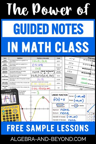 Facilitate student success with the use of guided notes in math class. This game-changing method increases student interest, understanding, and participation. Learn about all of the benefits of guided notes and access a free lesson! Guided notes for Algebra 2 - linear, absolute value, quadratic, polynomial, systems of equations, radicals, rational functions, exponential and logarithmic functions, sequences and series, probability and statistics, and trigonometry! Rational Functions, Equations Notes, Probability And Statistics, Logarithmic Functions, Absent Students, Rational Function, High School Math Teacher, Algebra Activities, Algebra 2