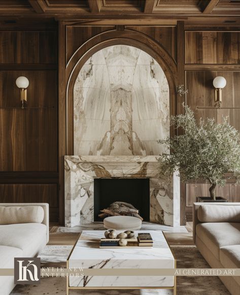 Oversized Fireplace Mantel, Fireplace Millwork High Ceiling, Living Room Fireplace Tall Ceilings, White Walls Dark Fireplace, Traditional Linear Fireplace, Wood And Marble Living Room, Curved Stone Fireplace, Fireplace Trim Diy, Dark Marble Fireplace Surround