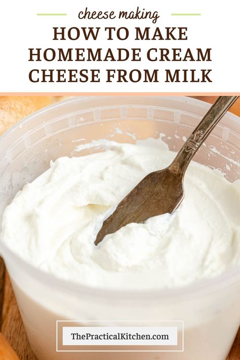 This easy homemade cream cheese recipe uses just three ingredients — whole milk, citric acid, and salt — to create a rich, creamy spread that's the perfect companion to any of my popular homemade bagel recipes. How To Make Cheese From 2% Milk, Almond Milk Cream Cheese, Homemade Cream Cheese Recipes, Recipes Using Whole Milk, Whole Milk Recipes Ways To Use, How To Make Cream Cheese, Cream Cheese Uses, Diy Cream Cheese, Cream Cheese Filling Recipe