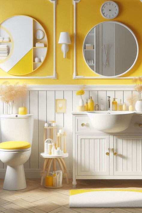 Wake up to sunshine every day with this cheerful yellow and crisp white duo. A bright start to your mornings. #YellowBathroom #CheerfulDecor Yellow Bathroom, Bathroom Color Schemes, Bright Starts, Yellow Bathrooms, Bathroom Color, Color Scheme, Wake Up, Color Schemes, Every Day