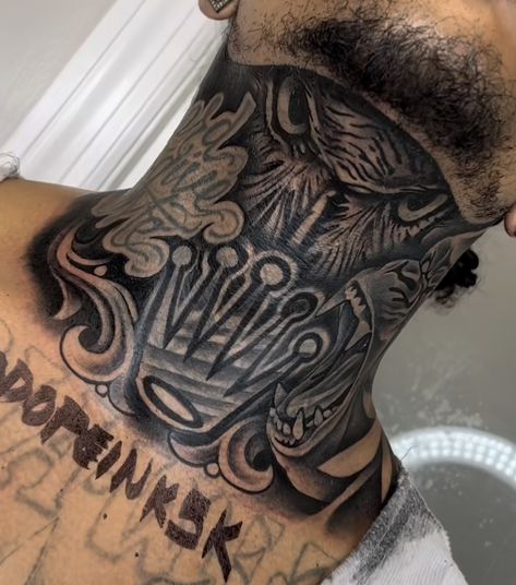 King Neck Tattoo, Big Neck Tattoos For Men, Best Full Neck Tattoo Men, Men’s Throat Tattoo Ideas, Men’s Throat Tattoos, Full Neck Tattoo For Guys Hood, Neck Tats For Men, Full Neck Tattoos For Men, Full Neck Tattoo For Guys