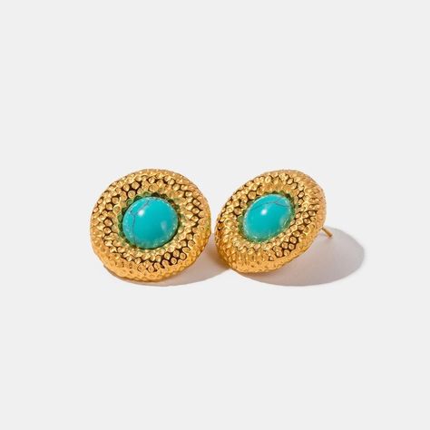 Indulge in luxury with LOVCIA Artificial Turquoise Stainless Steel Gold-Plated Earrings. 💛 Gold plated elegance awaits at LOVCIA. Visit https://lovcia.com . #Lovcia #LovciaJewelry #SterlingSilverEarrings #FashionEarrings #Earrings #EarringsForWomen #Women'sEarrings #EarringsForGirls #StylishEarrings #TrendyEarrings #GiftsForHer #GiftsForWomen #GoldPlatedEarrings #LuxuryJewelry #LOVCIAExclusive Earrings Artificial, Choker Necklace Set, Stainless Steel Earrings, Girls Jewelry, Gold Texture, Round Pendant, Gold Plated Earrings, Trendy Jewelry, Pendant Earrings