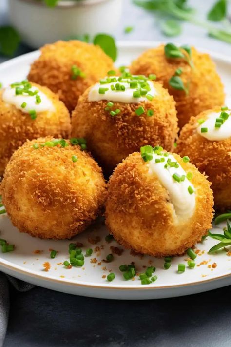 Loaded Mashed Potato Balls - BeCentsational Pool Party Food Ideas, Loaded Mashed Potato Balls, Potato Ball, Fried Mashed Potato Balls, Mashed Potato Balls, Poolside Snacks, Pool Party Food, Potato Balls, Grilled Corn Salad