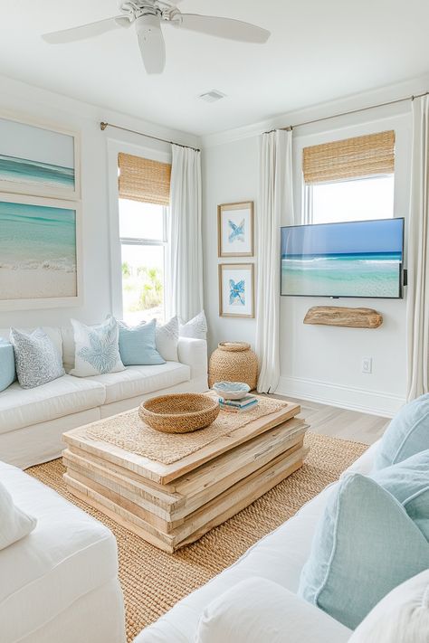 Discover this serene living room decor inspired by beachy vibes. Soft blues and natural textures create a calm and inviting space. Perfect for those seeking coastal elegance in their home. #LivingRoomDecor #CoastalDecor #HomeDesign Costal Aesthetic House, Beach Aesthetic Living Rooms, Small Coastal Living Room Ideas, East Coast Living Room, Beachy Living Room Ideas, Beach Living Room Decor, Charleston Apartment, Coastal Living Rooms Ideas, Beachy Apartment