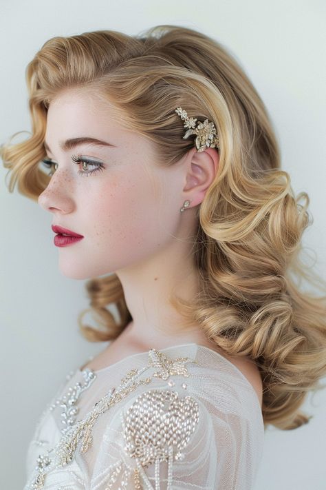 Soft Curls Pinned To The Side, 40s Wedding Hairstyles, Pincurl Wedding Hair, Vintage Half Up Half Down Hair Wedding, Elegant Hairstyles For Women, Vintage Inspired Updo, Bridal Hair Pinned On One Side, 70s Bride Hair, Mermaid Hair Wedding