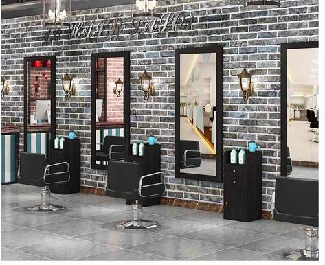 Faux wall Saloon Mirror Design, Hair Salon Mirror, Retro Barber Shop, Barbershop Design Interior, Salon Mirror, Makeup Studio Decor, Shop Mirror, Balcony Floor, Barber Shop Interior