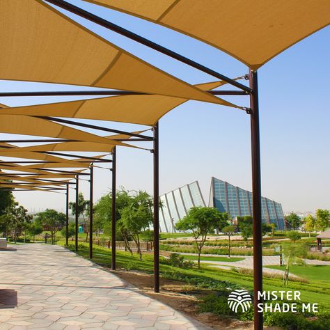 Whatever the weather is, walkway shades of Mister Shade will make the outdoor experience a positive one.☀️ #MisterShadeME #Projects #SunShades  For Inquiry: contact@mistershademe.com Shaded Pathways, Walkway Trellis, Dog Resort, Walking Road, Gates Design, Covered Walkway, Entrance Gates Design, Playground Design, Shade Structure