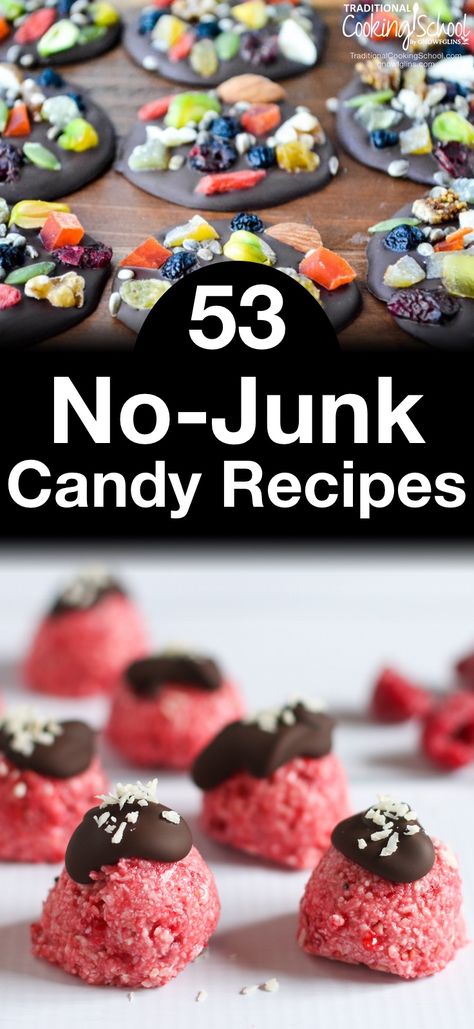 53 No-Junk Candy Recipes | Does Easter feel like Halloween's Spring cousin to you too? Just when we get rid of all that orange and black junk, we find the same junk six months later -- this time cloaked in happy pastel bunnies and tulips. There's no reason we should have to deprive anyone of sweets, especially during special holidays. Here are 53 candy recipes that contain zero junk -- no high fructose corn syrup, no artificial colors, no artificial flavors. | TraditionalCookingSchool.com Sugar Free Candy Recipes, Healthy Candy, Healthy Easter, Sugar Free Candy, Candy Recipe, Candy Recipes Homemade, Homemade Candies, Healthy Sweets, Sweets Treats