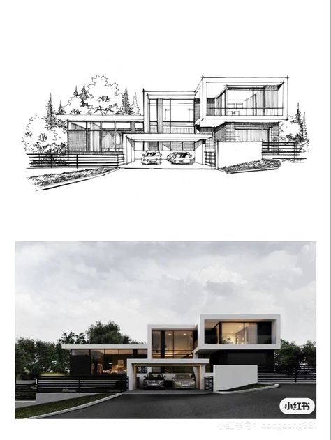 Villa Sketch, House Design Drawing, Architecture Portfolio Design, Modern Architecture Building, Modern Bungalow House, Architecture Design Sketch, Architecture Design Drawing, Architecture Graphics, Architecture Concept Drawings