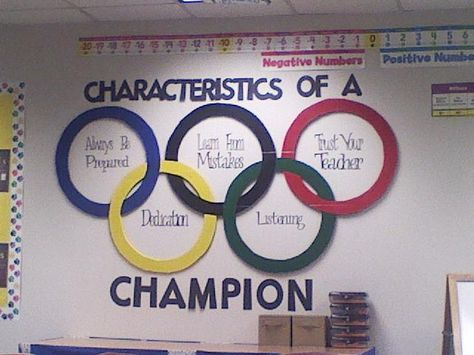 We had an Olympic theme this year, so my mother helped create the Olympic Rings for me! Olympic Bulletin Board, Pe Bulletin Boards, Sports Theme Classroom, Olympics Activities, Olympic Theme, Sports Classroom, Pe Ideas, Olympic Rings, Classroom Bulletin Boards