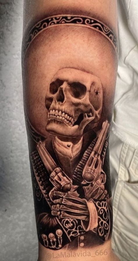 Charro Skull Tattoo Design, Aztec Tattoo Ideas For Men, Day Of The Dead Tattoo Men, Skeleton Mariachi Tattoo, Brown Pride Tattoos, Aztec Tattoo Designs For Men, Black Work Sleeve Tattoo, Mexican Tattoo Ideas For Men, Mariachi Tattoo