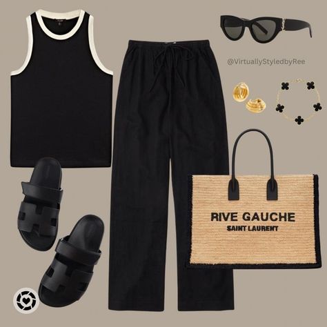 Summer Outfits Black Trousers, Chypre Sandal Hermes Outfit, Black Linen Trousers Outfit, Black Linen Outfit, Hermes Sandals Outfit, Black Sandals Outfit, Linen Trousers Outfit, Black Bag Outfit, Sandals Outfit Summer