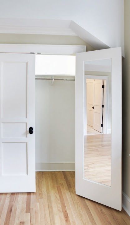 Mirror built in to back of door Shaker Closet Doors, French Closet Doors, Closet Mirror, Bedroom Closet Doors, Mirror Closet Doors, Bifold Closet Doors, Closet Remodel, Kid Closet, Closet Door