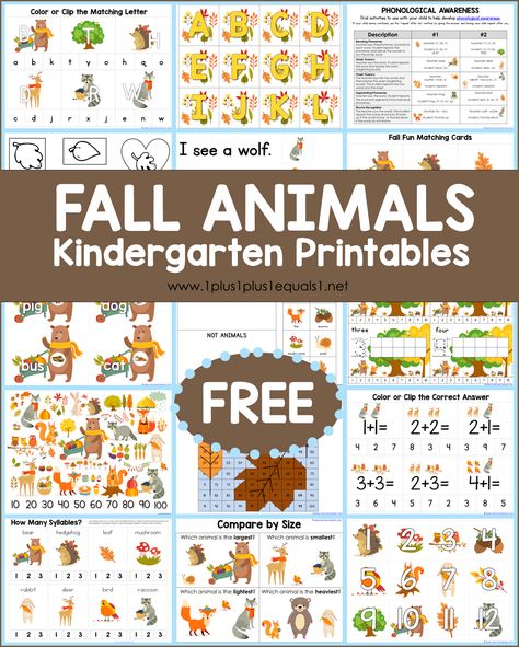 Free Fall Woodland Animals Kindergarten Printables - 1+1+1=1 Animals Kindergarten, Family Activities Preschool, Fall Animals, Forest Animals Theme, Animal Lessons, Woodland Animals Theme, Autumn Animals, Homeschool Lesson Plans, Animal Worksheets