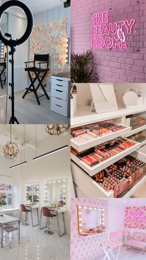 Make Up Artist Room Decor, Mini Makeup Studio Ideas, Makeup Artist Studio Design, Make Up Artist Studio Decor, Mini Makeup Studio At Home, Makeup Artist Office, Mua Room Makeup Artists, Makeup Artist Manifestation, Makeup Buisness Ideas