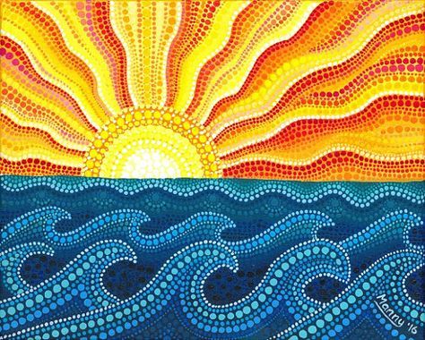 Painting Ideas Sunset, Dot Painting Ideas, Art Soleil, Aboriginal Dot Painting, Aboriginal Dot Art, Mandala Rock Art, Summer Waves, The Dot, Sun Art