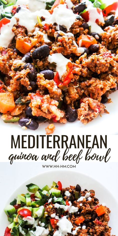 Ground Beef With Tahini, Diced Beef Recipes Healthy, Mediterranean Recipes Dinner Ground Beef, Mediterranean Beef Bowl, Mediterranean Diet Recipes With Ground Beef, Ground Beef Quinoa Bowl, Ground Beef Clean Eating, Ground Beef Quinoa Recipes, Mediterranean Diet Beef Recipes