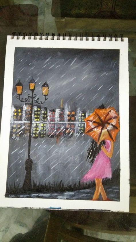 This is an acrylic painting of a typical rainy day. Acrylic Ideas, Girl Walking, On A Rainy Day, Rainy Season, A Typical, A Rainy Day, Simple Art, Acrylic Paintings, Rainy Days