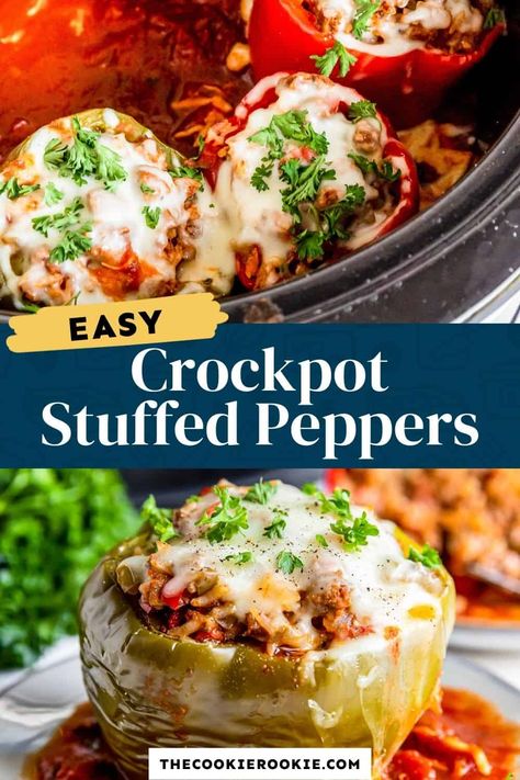 These Crockpot Stuffed Peppers are stuffed with savory ground beef, tender rice, delicious spices, and cheesy mozzarella. Easy and delicious, these stuffed peppers will be your new favorite weeknight meal. Stuffed Bell Peppers Ground Beef, Italian Stuffed Peppers, Stuffed Peppers Beef, Crockpot Stuffed Peppers, Slow Cooker Stuffed Peppers, Easy Stuffed Peppers, Stuffed Peppers Recipe, Crock Pot Slow Cooker, Healthy Crockpot