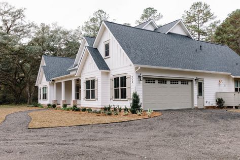 Old Farm Road - American Traditional - Exterior - Atlanta - by Mossy Co. Interiors | Houzz Exterior House Colors Modern Farmhouse, White House With Taupe Trim, Joanna Gaines Home Exterior, Contrast Trim Exterior, White And Gray Exterior House, White House Tan Trim, White House With Tan Trim, Clay Windows Exterior, Top Exterior House Colors 2023