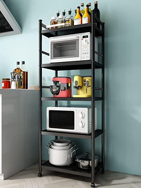 Denkee 5-Tier Kitchen Baker's Rack, Heavy Duty Free Standing Baker's Rack for Kitchens Storage with Rolling Wheels, Upgraded Industrial Microwave Oven Stand Rack (23.6 L x 14.6 W x 53.1 H) Diy Bathroom Storage Ideas, Metal Storage Shelves, Microwave Stand, Utility Shelves, Metal Shelving Units, Diy Bathroom Storage, Bathroom Organization Diy, Bakers Rack, Rack Shelf