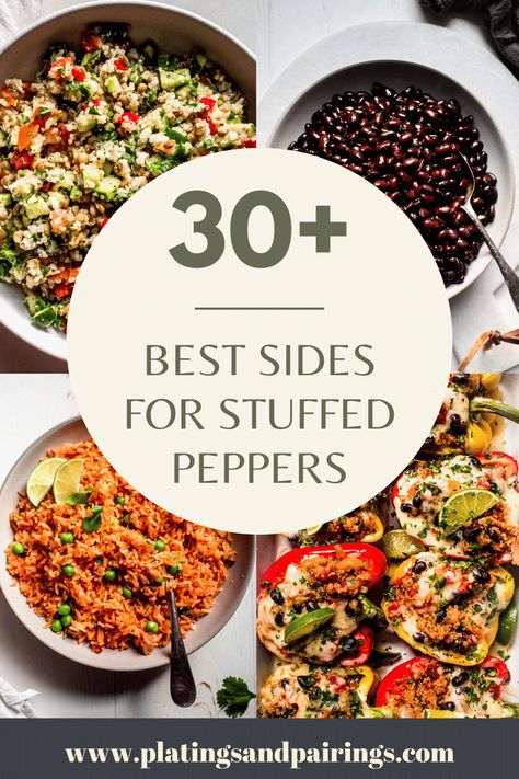 Wondering what to serve with stuffed peppers for dinner? This handy guide covers all of the best sides for stuffed peppers – from veggies, to salads, and more! Stuffed Peppers Meal With Sides, Side Dishes With Stuffed Peppers, What To Make With Stuffed Peppers, Sides To Go With Stuffed Bell Peppers, Stuffed Bell Peppers Dinner Sides, Stuffed Pepper Sides Ideas, Stuffed Bell Peppers Meal Sides, Side Dishes For Stuffed Bell Peppers, Stuffed Bell Peppers Side Dish