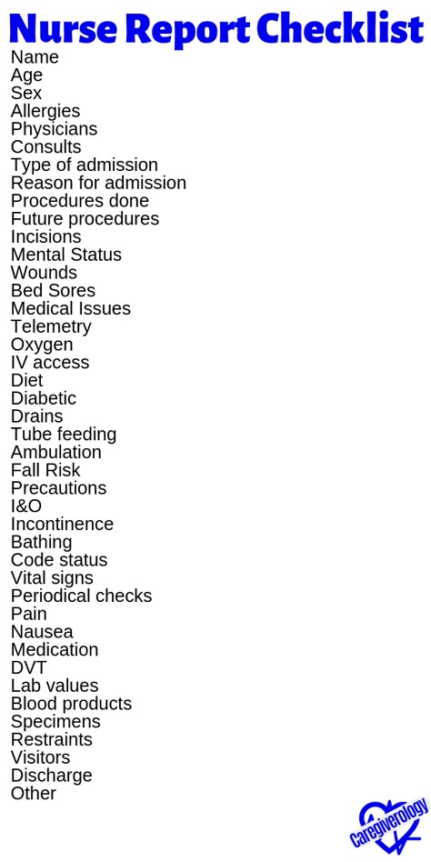 What should be passed on during shift report? Here is a nurse report checklist to help break it all down. #caregiverology #nursereportchecklist #nursechecklist #reportchecklist #nurseshiftreport #nursereport #reportlist #bedsideshiftreport Basic Medicine Checklist, Pros And Cons Of Being A Nurse, Med Pass Nursing Tips, Teaching Nursing Students, Nursing Tips And Tricks, New Nurse Tips, Nurse Advice, Nursing Nutrition, Memes Nursing