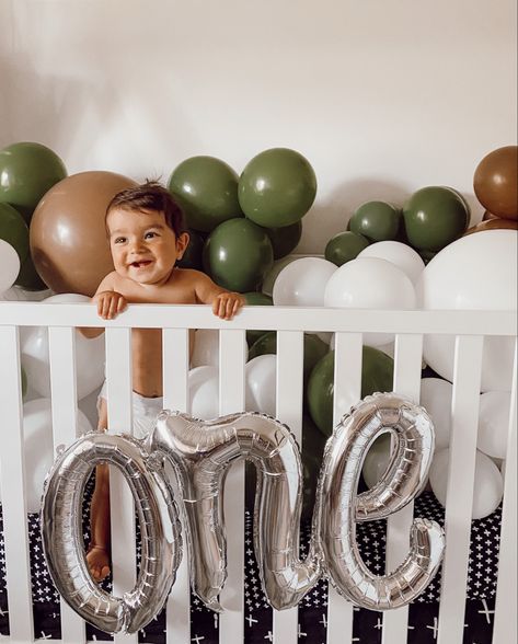 Fill up crib with balloons - perfect photo opportunity! Wild One Party, Blush Balloons, Balloons Arch, Photo Opportunity, Gold Confetti Balloons, Green Balloon, First Birthday Decorations, 1st Year, Gold Confetti