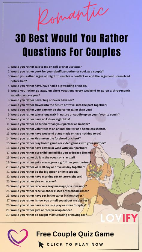 Dive into a world of intriguing choices and amusing debates with our "Couple's Conundrum" game! 🌐❓ From quirky scenarios to heartwarming choices, this collection of "Would You Rather" questions is your ticket to a night filled with laughter, surprises, and a deeper connection. Get ready to navigate the dilemmas together and discover new facets of your relationship! 🚀💖 Would You Rather Game For Couples, Hot Seat Questions For Couples, Texting Games For Couples, Text Games For Couples, Texting Games, Questions For Girls, Best Would You Rather, Hot Seat Questions, Couple Quiz