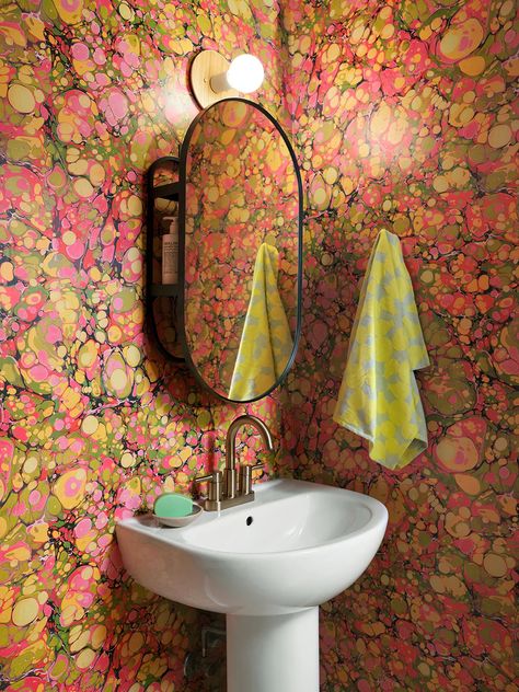 Small Toilet Wallpaper, Fun Powder Room Ideas, Powder Room Wallpaper Ideas, Colorful Powder Room, Tiny Toilet, Chasing Paper Wallpaper, Moody Powder Room, Room Wallpaper Ideas, Wallpaper For Bathroom