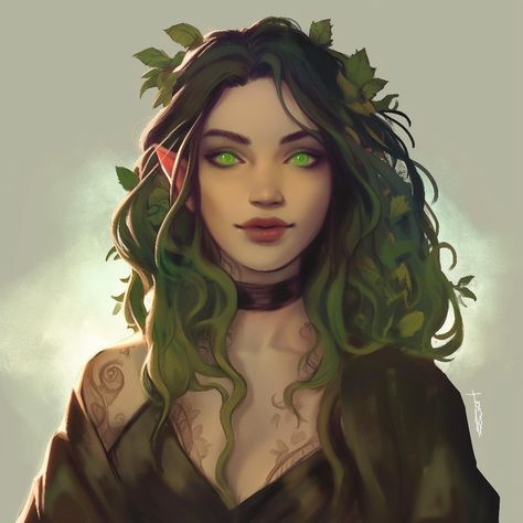 Dnd Druid Character, Druid Character Art, Dnd Changeling, Female Druid, Druid Character, Dnd Druid, Female Elf, Forest Elf, How To Draw Hair