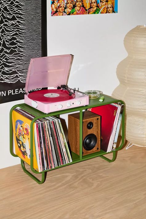 Alana Vinyl Storage Console | Urban Outfitters Vintage Room Decor Bedroom, Vinyl Library, Store Vinyl Records, Vinyl Record Display, Record Stand, Record Player Stand, Vinyl Player, Storage Console, Iron Storage