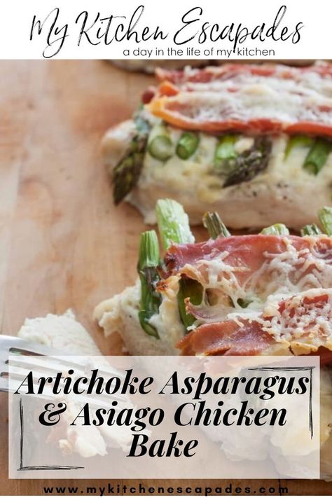 an image of two Artichoke Asparagus & Asiago Chicken Bake on a wooden board. Artichoke Asiago Dip, Asiago Chicken, Super Easy Dinner, Chicken Ham, Chicken Bake, Asiago Cheese, Easy Dinner Recipe, So Satisfying, Asiago