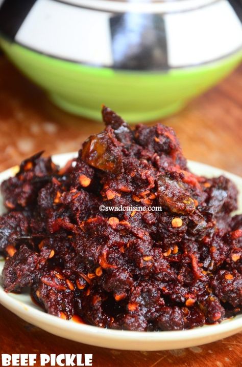 Beef Pickle- Kerala Style Nadan Irachi Achar- Spicy Beef Pickle Recipe | Swad Beef Pickle, Kerala Dishes, Indian Pickle Recipe, Kerala Cuisine, Pickle Recipe, Recipe Indian, Kerala Food, Spicy Beef, Fish Curry