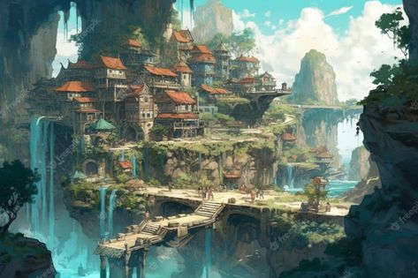 Premium Photo | A fantasy landscape with a small town on the cliff. Sound Element, City Concept Art, Puuung Love Is, Tokyo City, Lake Park, Lake Landscape, Fantasy Aesthetic, Fantasy Concept Art, Story Inspiration