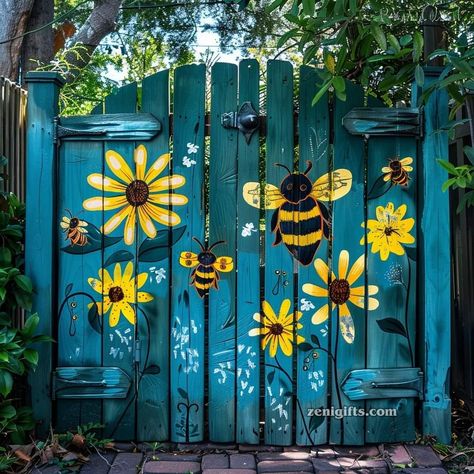 Paint Fence Ideas Backyards, Painted Garden Sheds, Painted Fence, Playhouse Interior, Flower Fence, Garden Fence Art, Garden Mural, Sensory Garden, Exterior Paint Color