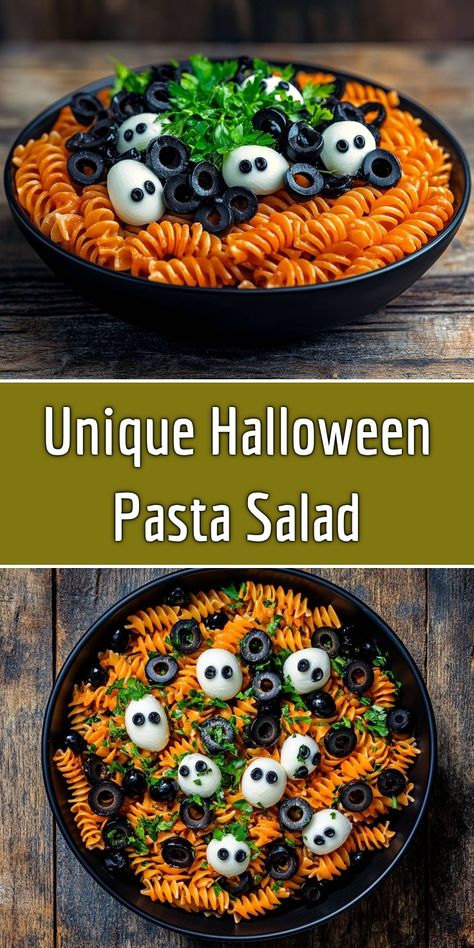 This Unique Halloween Pasta Salad is not only a feast for the eyes but also a delicious treat for your taste buds! Made with colorful rotini and spooky mozzarella ghosts, it's perfect for Halloween gatherings. Tossed with a zesty dressing and garnished with green parsley for a touch of freshness, this salad is both fun and flavorful. Get ready to impress your guests with this creative dish! Mozzarella Ghosts, Halloween Salad Ideas, Halloween Themed Dinner Food, Halloween Food For Party Dinners, Halloween Pasta Salad, Black Pasta, Halloween Pasta, Savory Meatballs, Spinach Artichoke Dip Recipe