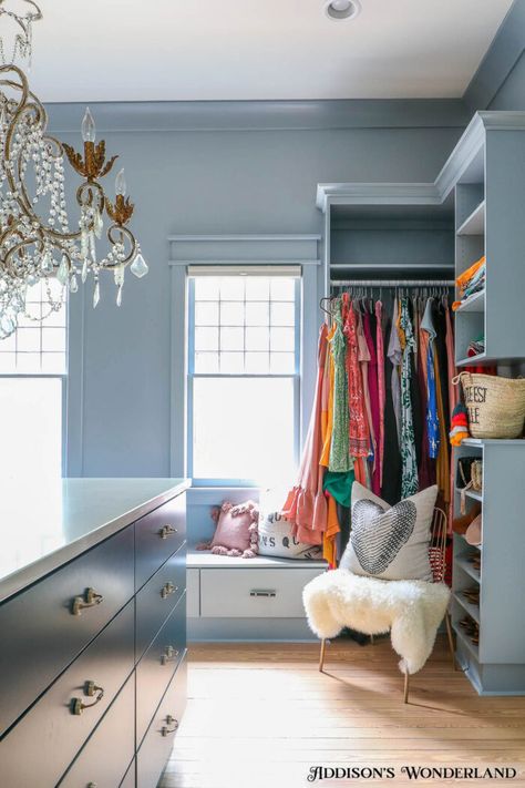 Step Inside Our Teal on Powder Blue Custom Main Closet… Blue Closet Aesthetic, Closet Paint Colors, Teal Closet, Spare Room Walk In Closet, French Blue Paint, Functional Closet, Blue Closet, Painted Ceilings, Colorful Closet