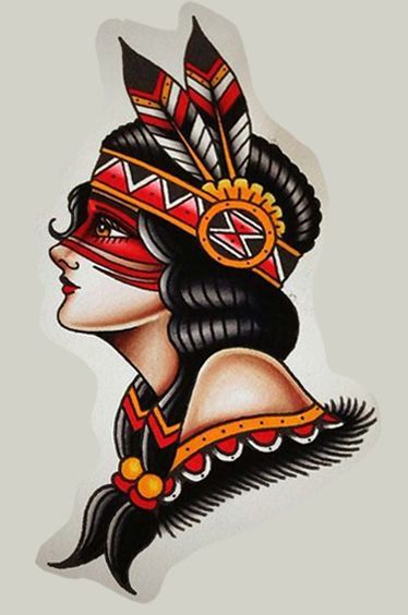 Native American Pinup Tattoo, Indian Traditional Tattoo, Traditional Tattoo Native American, Traditional Indian Tattoo, Traditional Tattoo Indian, Red Indian Tattoo, American Traditional Tattoo Design, Indian Tattoo Design, Traditional Tattoo Drawings