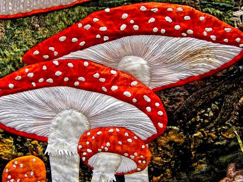 Mushroom Quilt (detail) - Quilt by Kay D. Haerland - Australia Mushroom Quilt, Mushroom Crafts, International Quilt Festival, Sewing Machine Quilting, Quilt Festival, Mushroom Art, Wool Applique, Art Textile, Applique Quilts