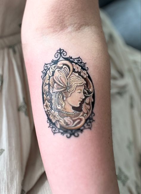 Micro realism tattoo, antique brooch tattoo, cameo tattoo by edit_paints Cameo Tattoo Vintage, Porcelain Doll Tattoo, Cameo Tattoo, Doll Tattoo, Tattoo Cover-up, Vintage Tattoo, Chest Tattoo, Porcelain Dolls, Body Art