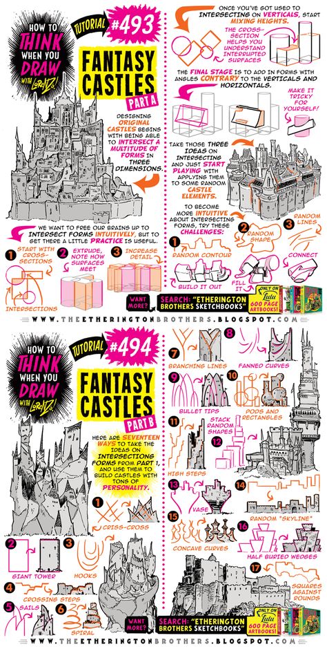 Fantasy Castles, Etherington Brothers, Mini Tela, Castle Drawing, Comic Tutorial, Isometric Art, Background Drawing, Fantasy Castle, Art Instructions