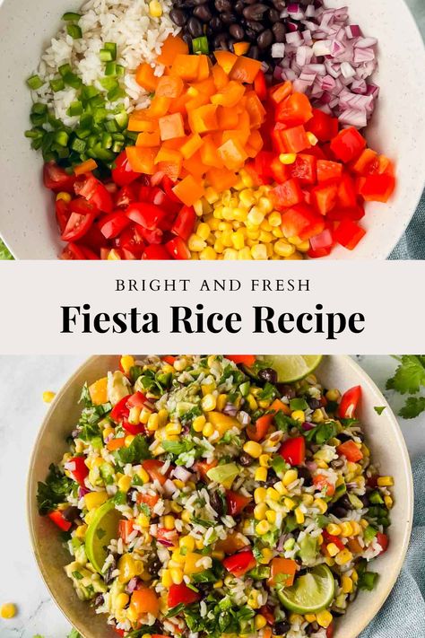 Fiesta Rice is just as it sounds! A party of Mexican flavors incorporated into rice, making the perfect side dish to tacos, enchiladas, and more. Side Mexican Dishes Easy, Party Rice, Mexican Rice Salad Recipes, Side Mexican Dishes, Enchiladas Sides, Mexican Rice For A Crowd Recipes, Mexican Rice Salad, Sides For Mexican Dishes, Sides To Go With Enchiladas