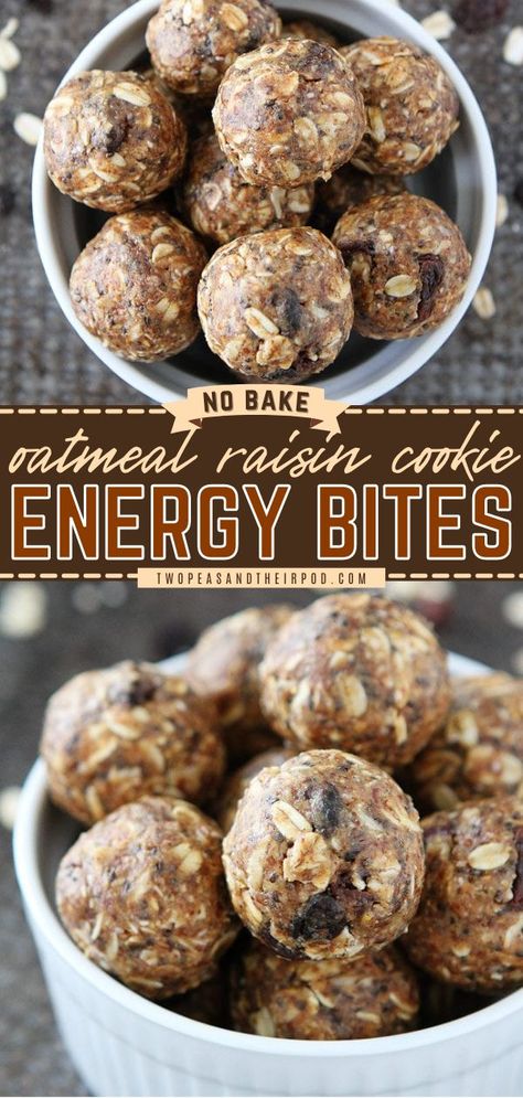 No-Bake Oatmeal Raisin Cookie Energy Bites, easy back to school recipes, healthy snack ideas Easy Energy Bites, Easy Oatmeal Raisin Cookies, Oatmeal Energy Bites, Oatmeal Balls, Oatmeal Raisin Cookie, Oatmeal Bites, Raisin Cookie, No Bake Energy Bites, Healthy Protein Snacks