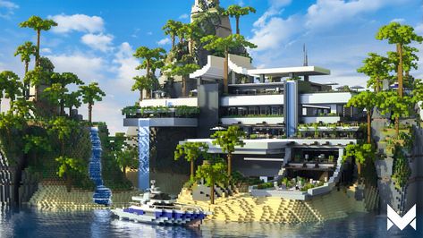 Minecraft Luxury House, Minecraft Beach House Ideas, Minecraft Basics, Mincraft Idea, Minecraft Modern Mansion, House By The Beach, Mansion Minecraft, Minecraft Beach House, Villa Minecraft