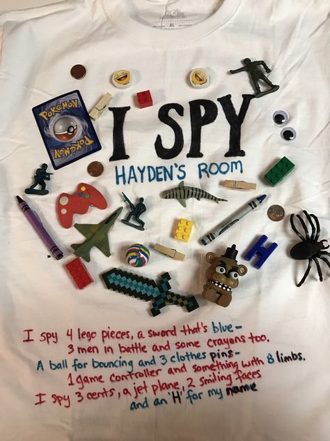 I Spy shirt for Read Across America Book & Book Character Day.  All items are hot glued on shirt. I Spy Book Costume, I Spy Shirt Costume, Read My Shirt Day For Kids, Easy Book Week Costumes, Book Week Costume Ideas, March Is Reading Month, I Spy Books, Spy Outfit, Book Character Day